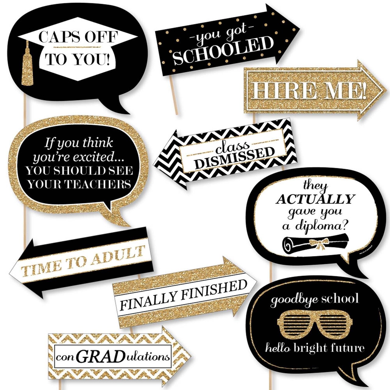 Big Dot of Happiness Funny Gold Graduation Party Photo Booth Props Kit - 10 Piece
